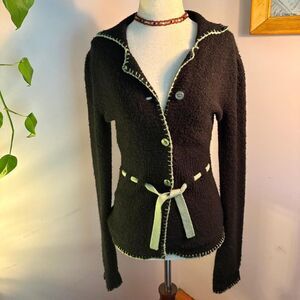 Lapis Vtg 90s/00 Fitted Cardigan Black & Green w/ Ribbon Belt Size S